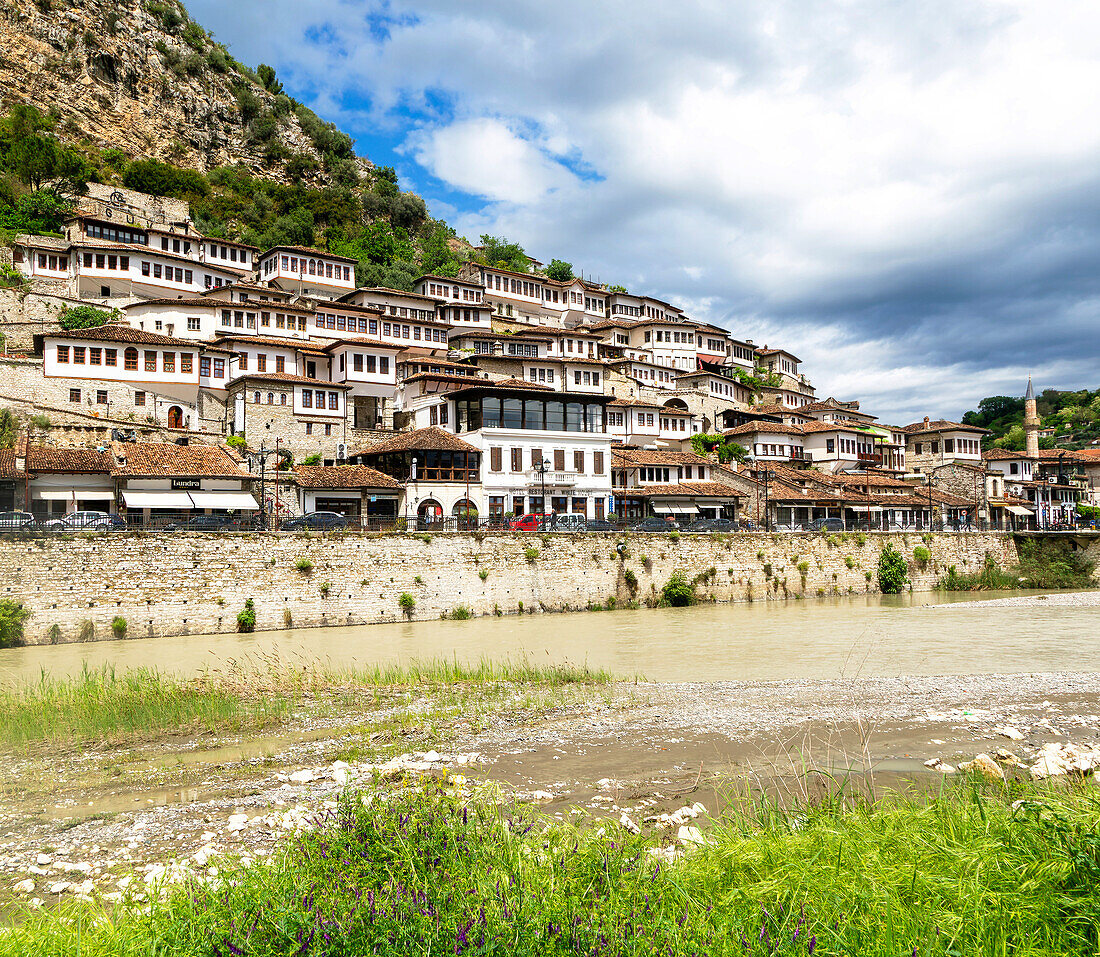 UNESCO World Heritage site, Ottoman architecture of buildings in the Mangalemi quarter on north bank of River Osumi, Berat, Albania, Europe