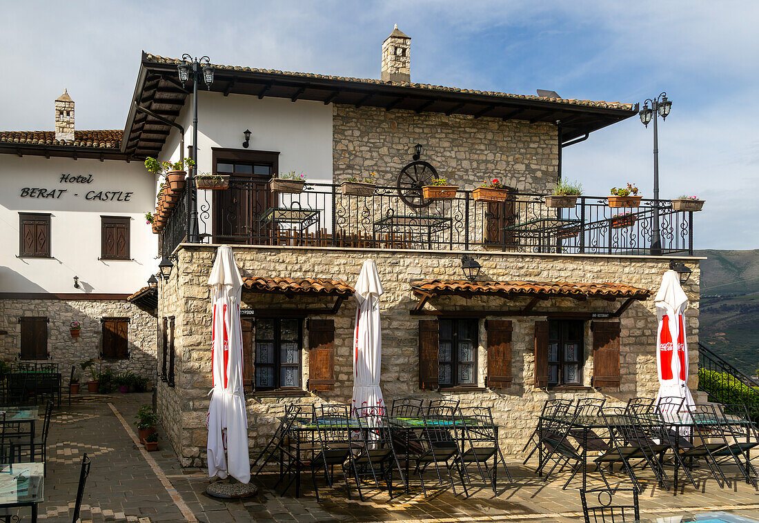 Berat Castle hotel tourist accommodation, Berat Castle UNESCO World Heritage Site, Berat, Albania, Europe