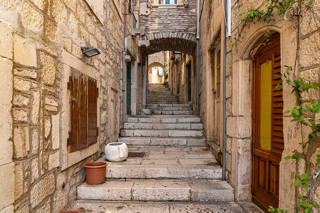  Staircase in the old town of Korcula, Croatia, Europe 
