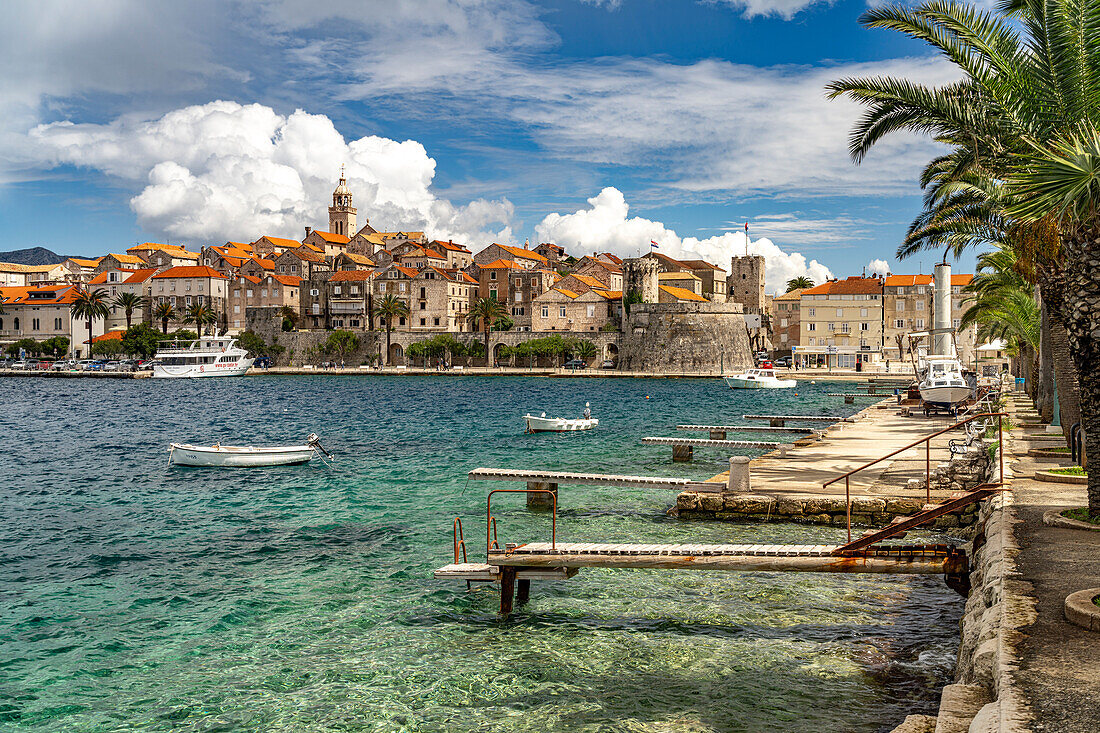  View of old town and harbor of Korcula, Croatia, Europe 