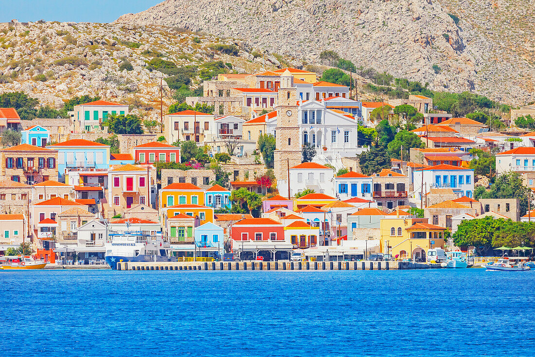 Seafront traditional houses, Halki Island, Dodecanese Islands, Greece