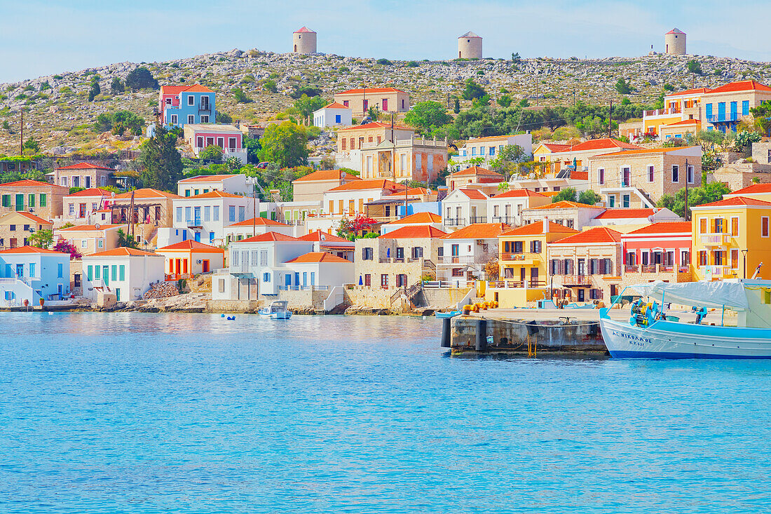 Emborio harbour seafront, Halki Island, Dodecanese Islands, Greece