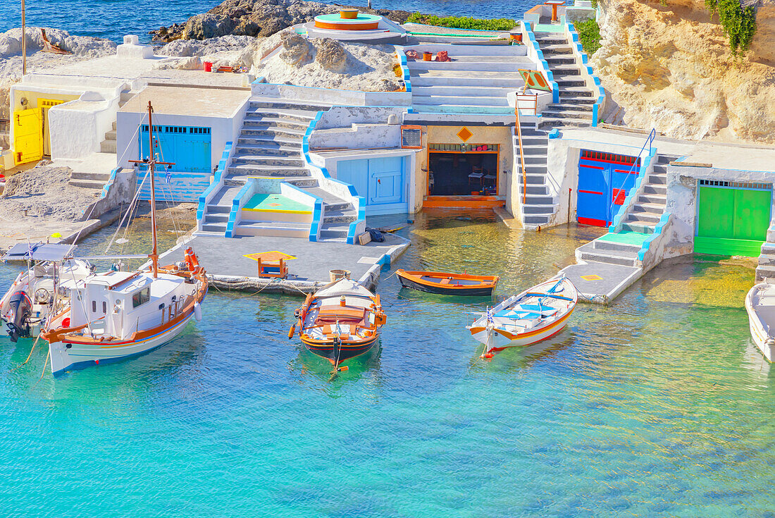 The small fishing village of Mandrakia, Mandrakia, Milos Island, Cyclades Islands, Greece