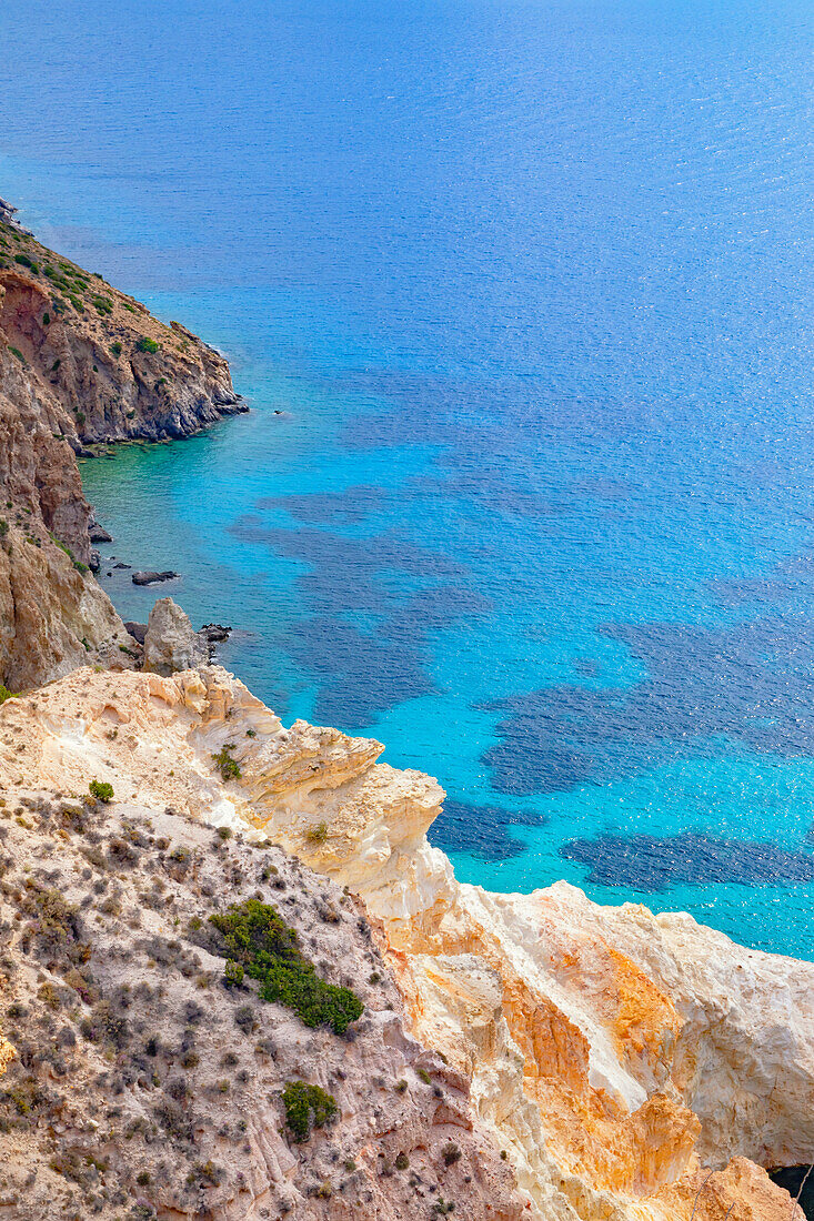 Multicoloured rock formations, Firopotamos, Milos Island, Cyclades Islands, Greece