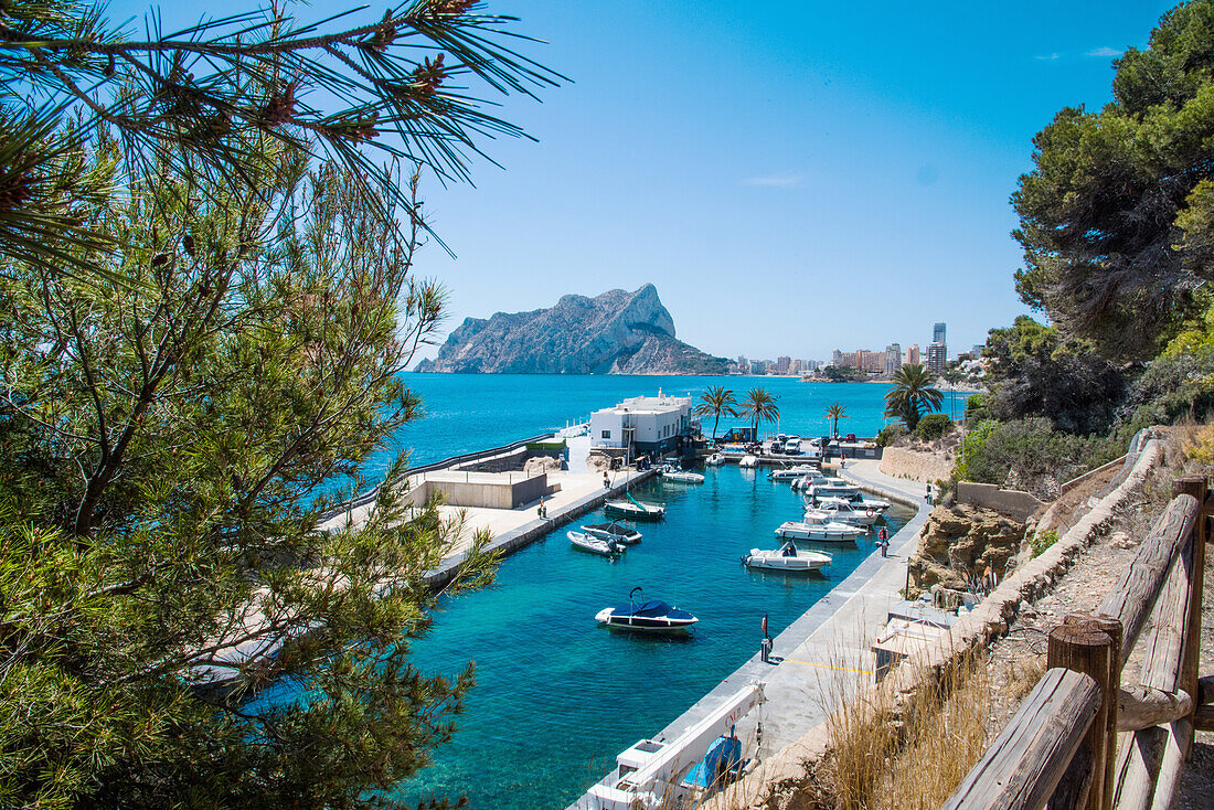 Blick auf Sporthafen, am Felsstrandwanderweg zwischen Calpe und Moraira, Costa Blanca, Provinz Alicante, Spanien