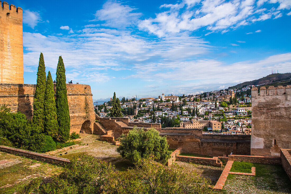  Alhambra, Granada, view from the Alcazaba to the Albaicin, with the church of San Nicolas. Province of Granada, Spain 