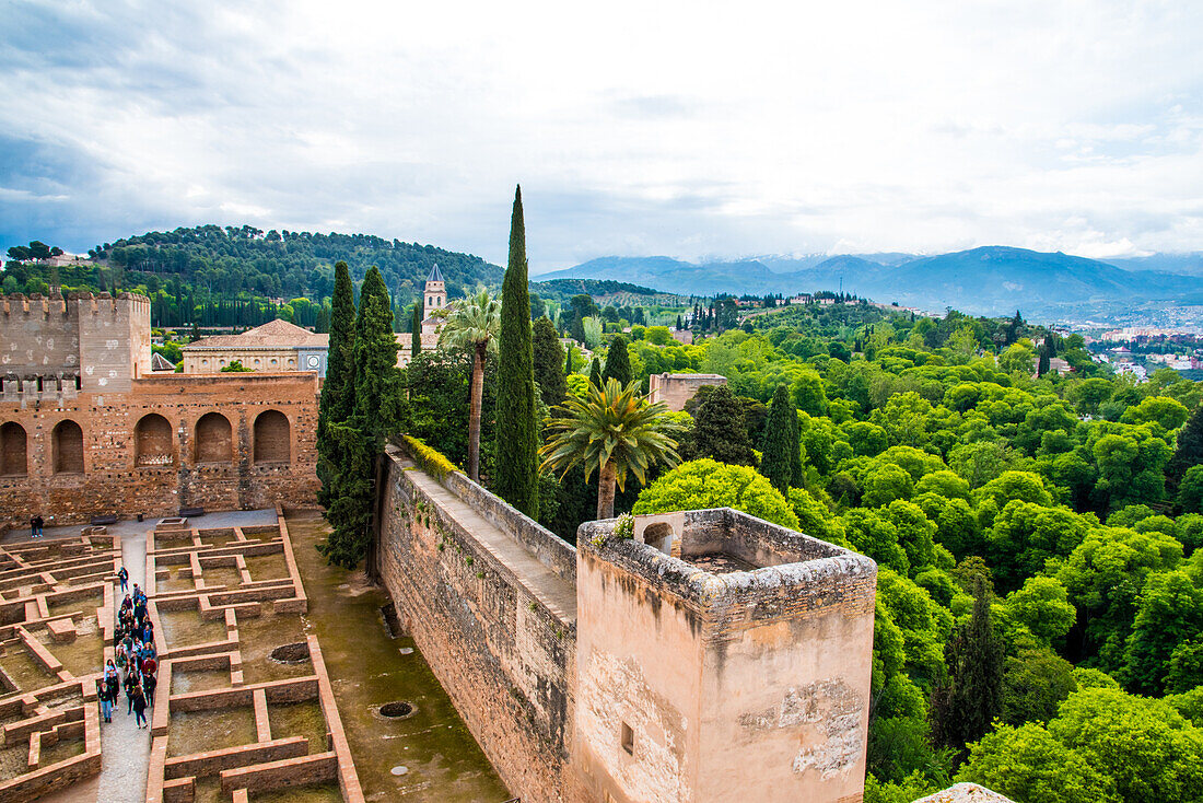  Alhambra Granada, view from the Alcazaba, to the Nasrid Palaces and the Sierra Nevada, Granada Province, Spain 