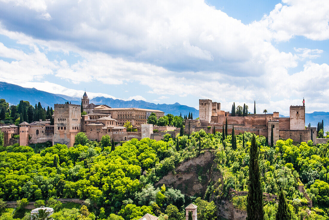  Alhambra Granada, view of Nasrid Palaces and Alcazaba from San Nicolas viewpoint, Granada Province Spain 