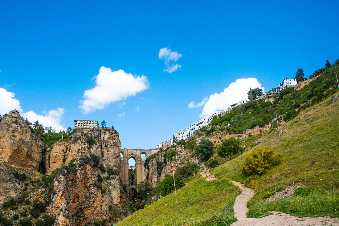  Ronda famous, largest white village, Ponte Nuevo, bridge 165 meters high, 18th century, connects old with new town, province of Malaga Spain 