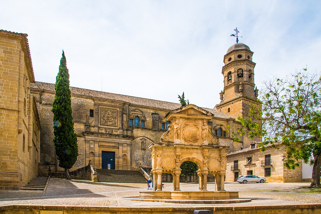  Baeza, fountain, Santa Maria, in front of the historic cathedral, built on Moorish remains, province of Jaen, Spain 