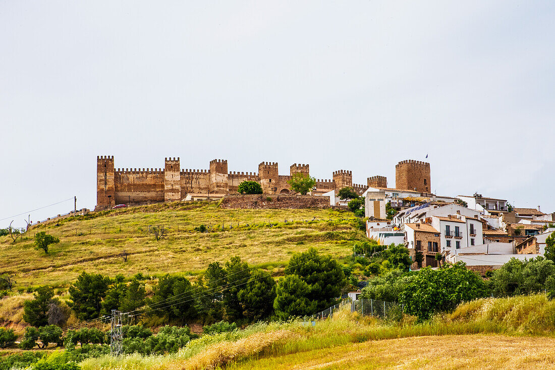  Banos de la Encina, castle ruins of Moorish origin, with village monastery and church 15th century, historical, province of Jaen, Spain 