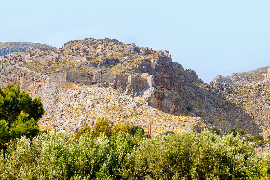  Ruins of Péra Kástro above Chorió on the island of Kalymnos (Kalimnos) in Greece 