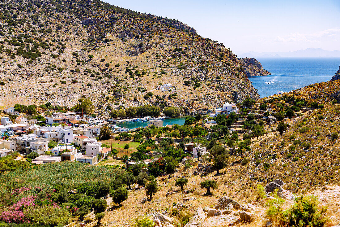  Valley of Vathí with harbor bay and view into the Gulf of Vathí on the island of Kalymnos (Kalimnos) in Greece 