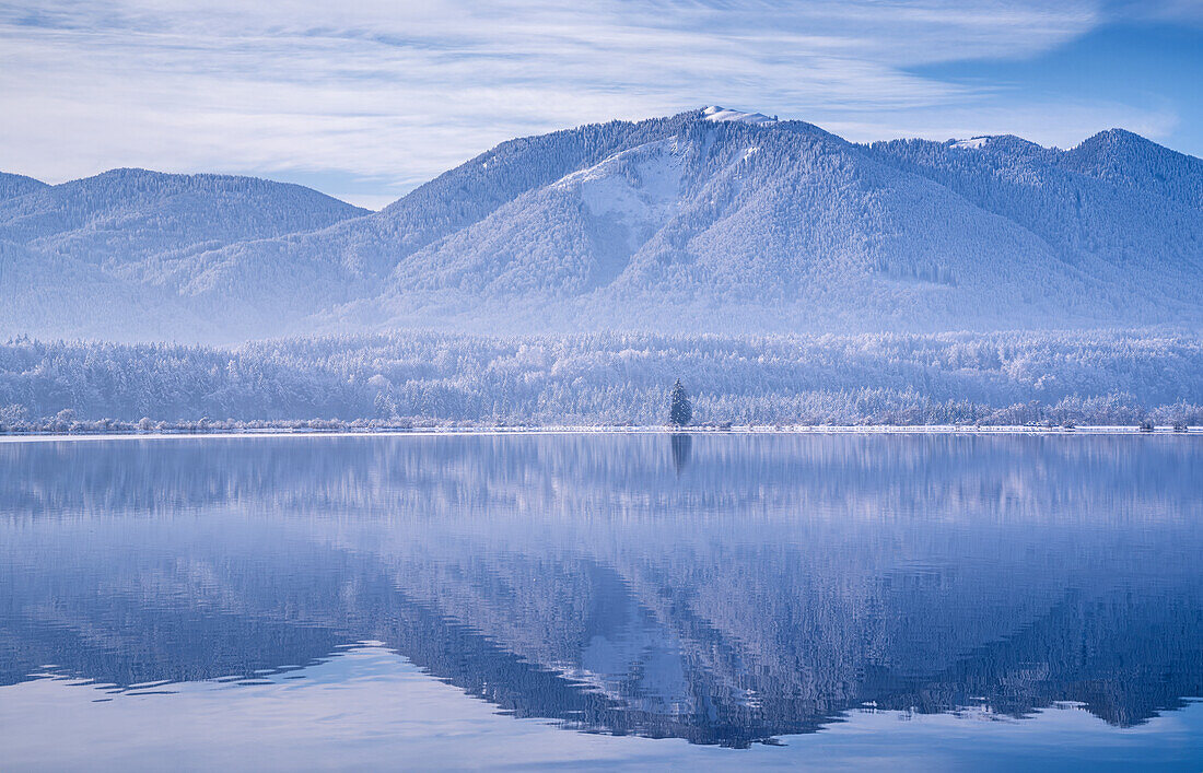 Wintermorgenmorgen am Staffelsee, Uffing, Blaues Land, Landkreis Garmisch-Partenkirchen, Oberbayern, Bayern, Deutschland, Europa