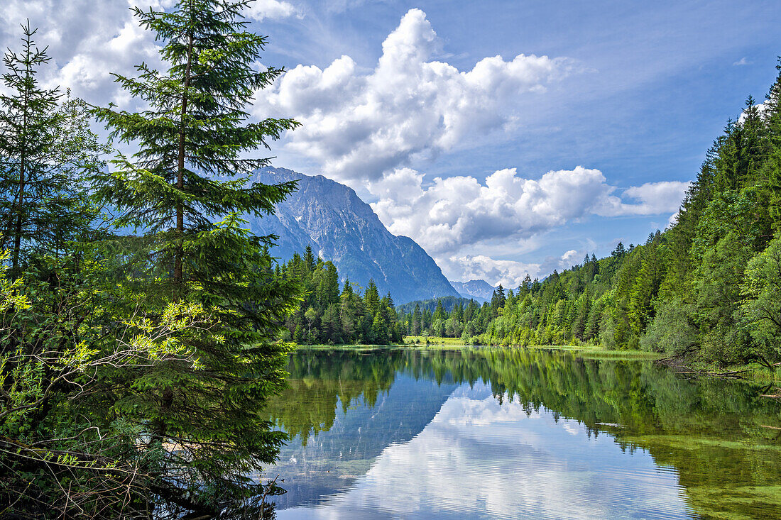  View of the Isar reservoir near Krün on a summer day, Bavaria, Germany 