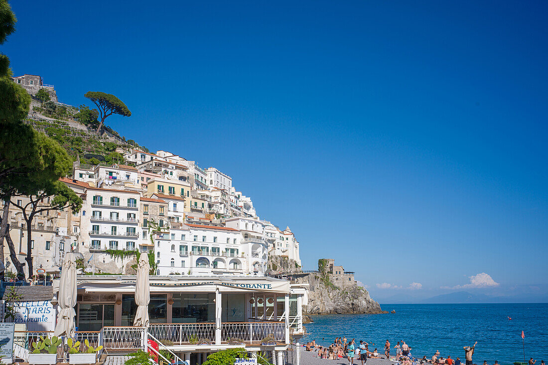  On the beach in Amalfi, Amalfi, Amalfi Coast, Campania, Southern Italy, Italy, Europe, Mediterranean 