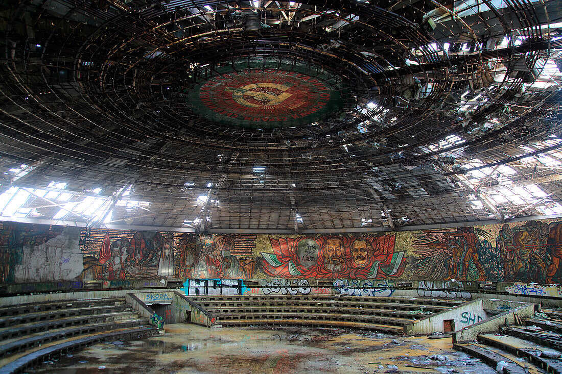 Ruined vandalised interior of Buzludzha monument former communist party headquarters, Bulgaria, eastern Europe