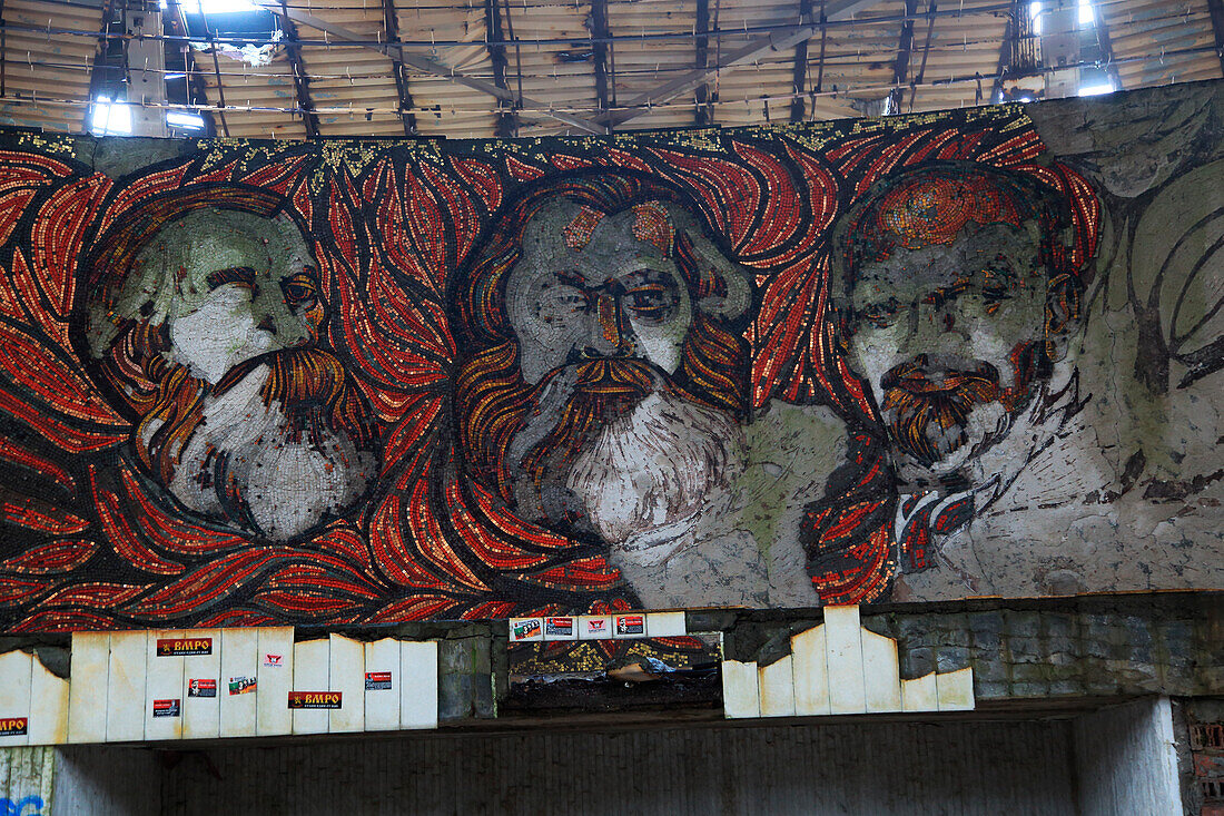 Ruined vandalised interior of Buzludzha monument former communist party headquarters, Bulgaria, eastern Europe