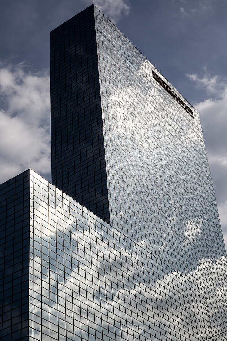 High rise modern glass office block buildings reflecting clouds, Rotterdam, Netherlands