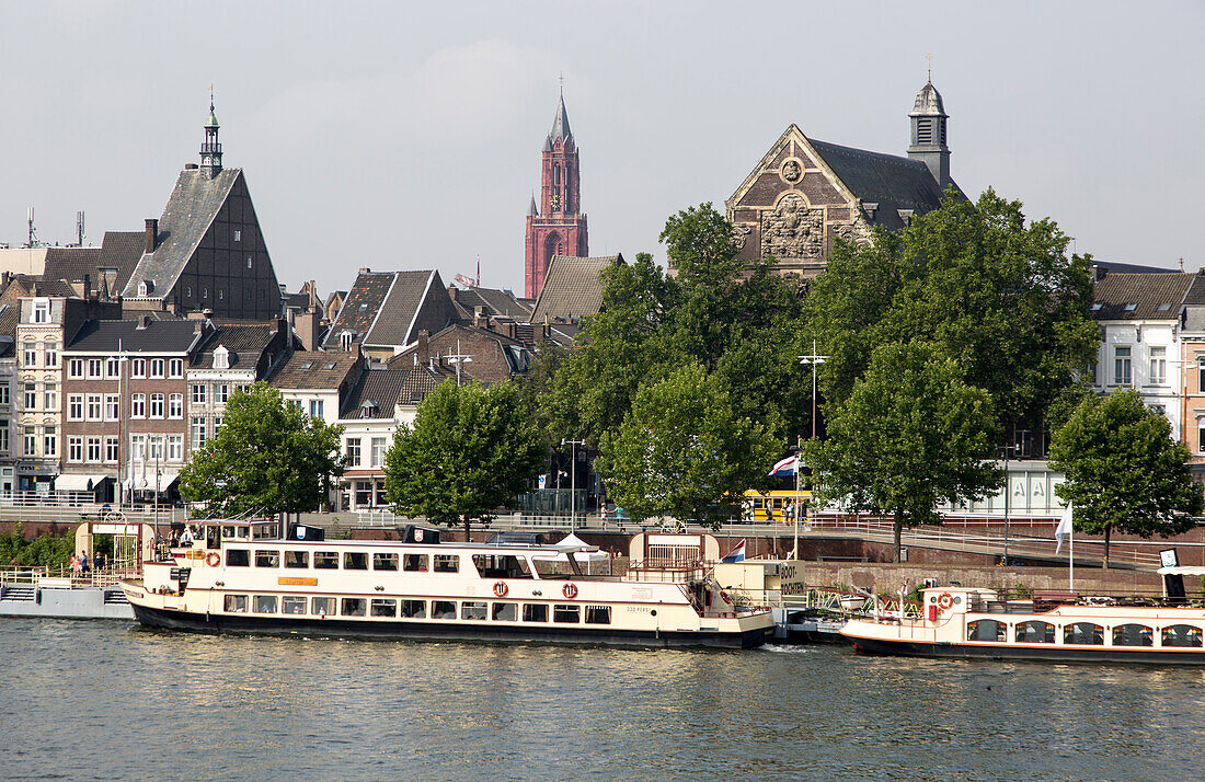 Tourist boats on the river Maas or Meuse, Maastricht, Limburg province, Netherlands