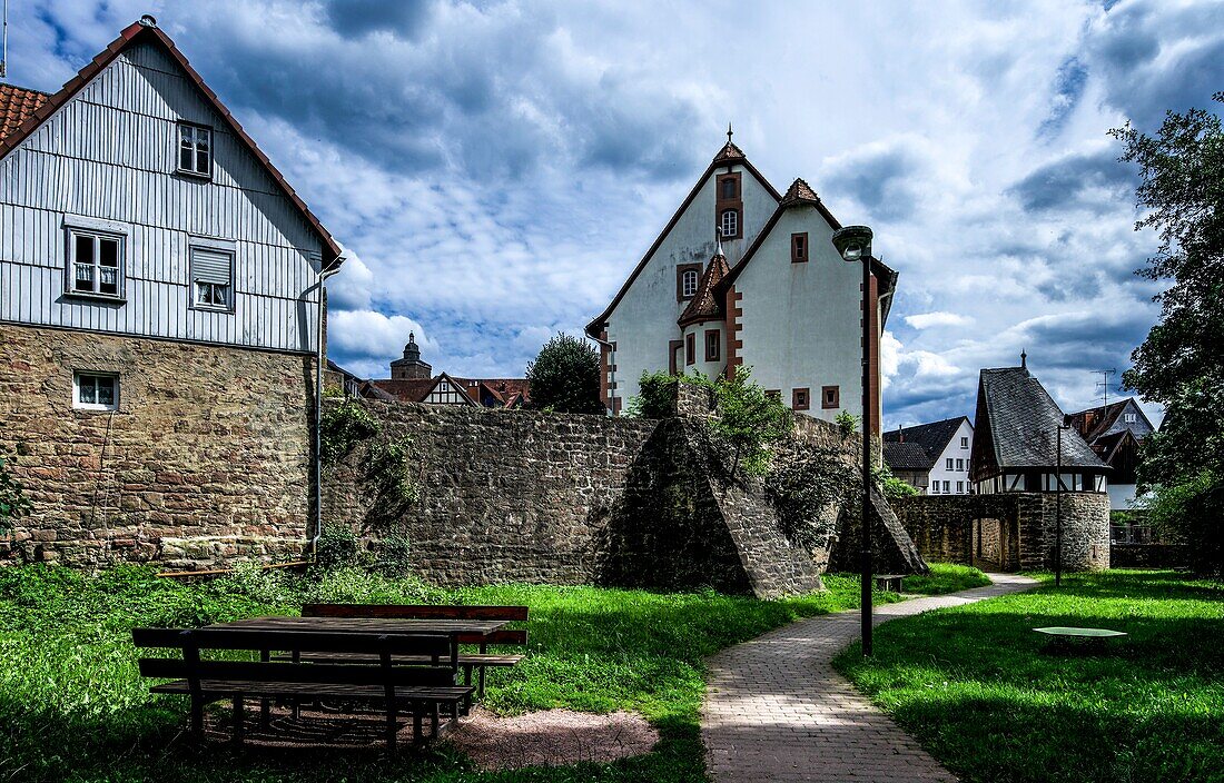  City wall with defense tower, historic office building, Brothers Grimm House, Steinau ad Straße, Hesse, Germany 