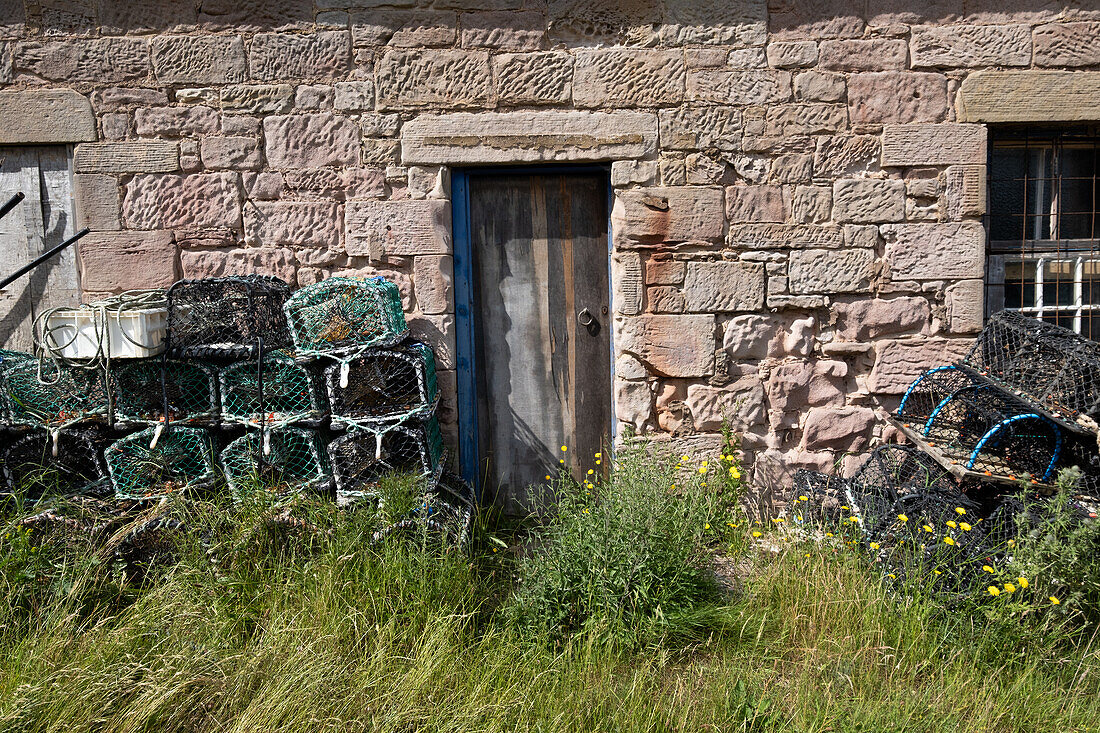 Detailaufnahme eines alten Steinhaus in einem alten Hafen bei Ebbe, East Lothian, Schottland, Vereinigtes Königreich