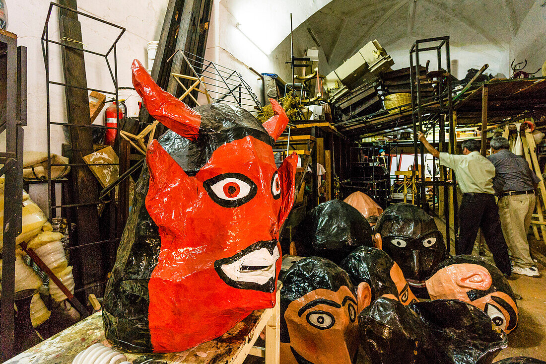 workshop of masks and giants, church of the convent of La Merced, Ultrabarroco guatemalteco, century XVI,  Antigua Guatemala, department of Sacatepéquez, Guatemala