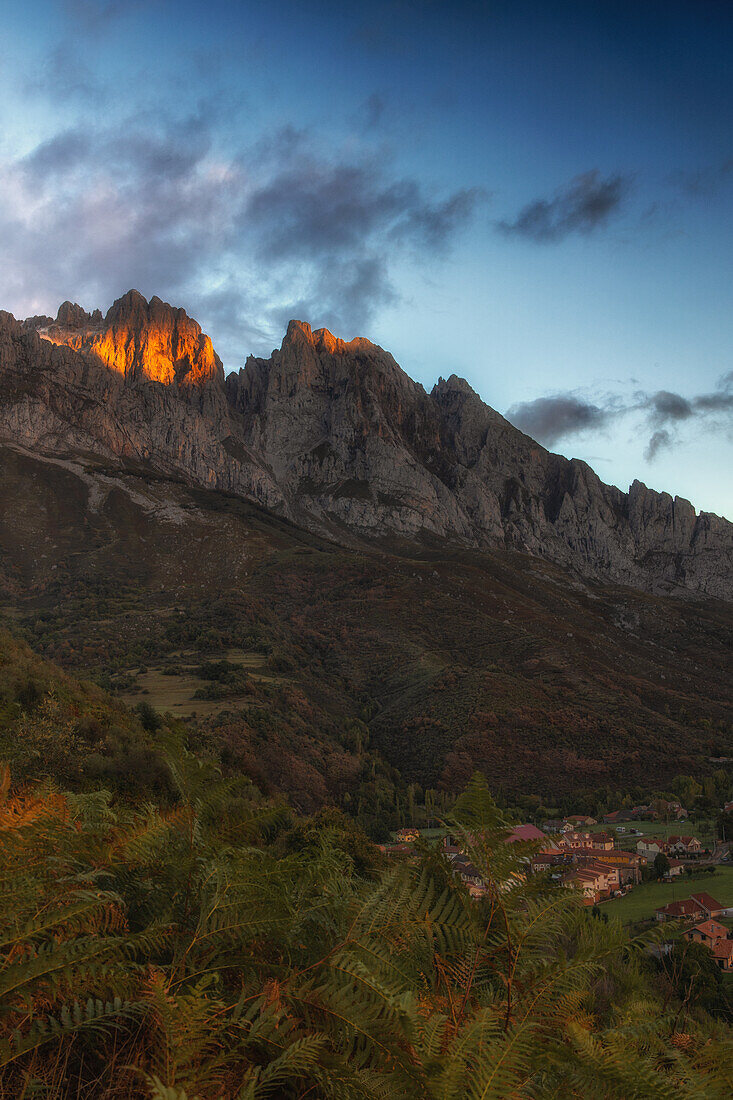  Morning view of the mountain village of Posada de Valdeon. Mountain peaks illuminated by the sun. Ferns in the foreground. 