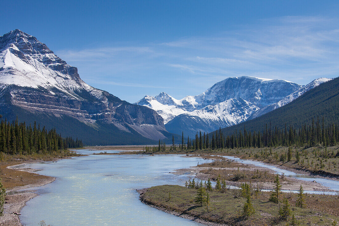  Athabasca River flows through the Rocky Mountains, Jasper National Park, Alberta, Canada 