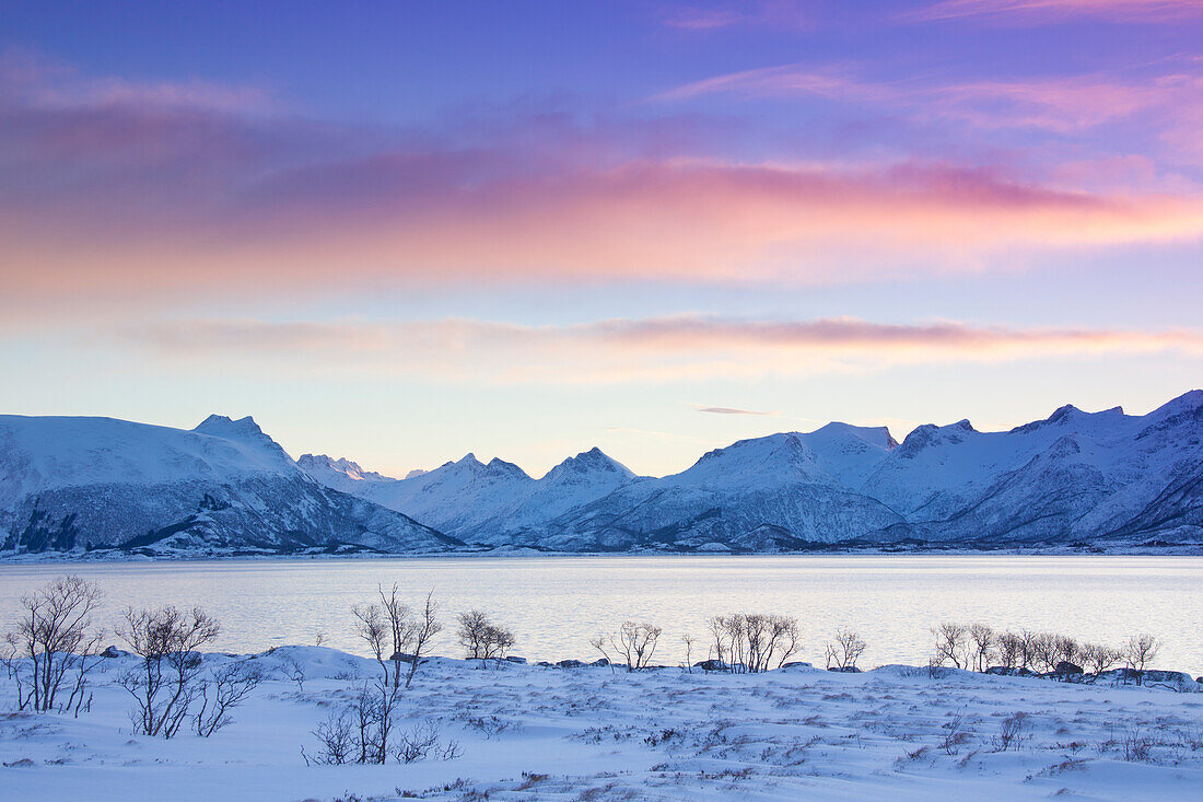 Gimsoystraumen bei Sonnenaufgang, Winter, Lofoten, Norwegen