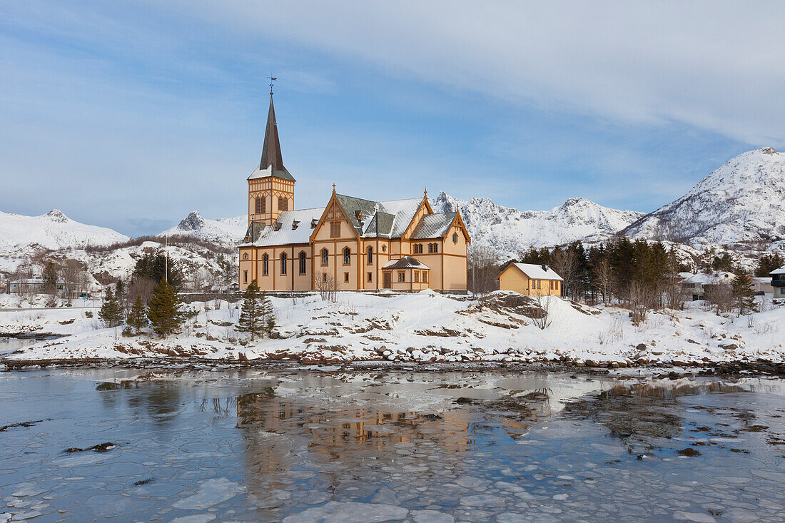  Kabelvag Church in winter, Lofoten, Norway 