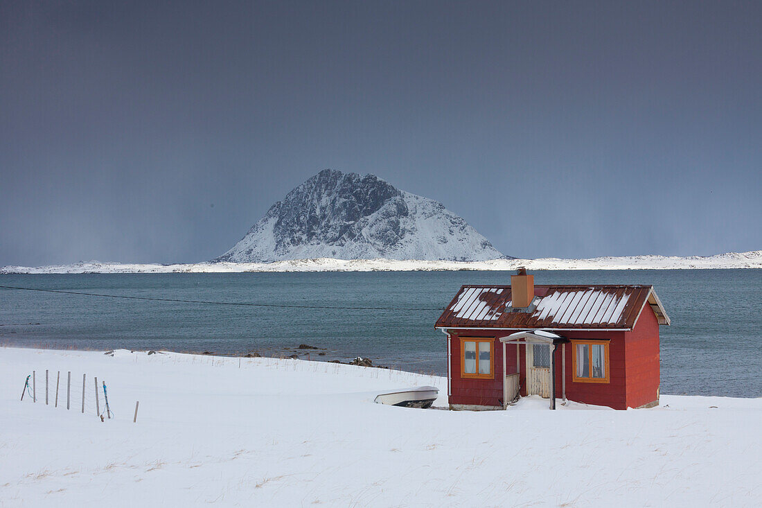  Cabin on snowy fjord, winter, Lofoten, Norway 