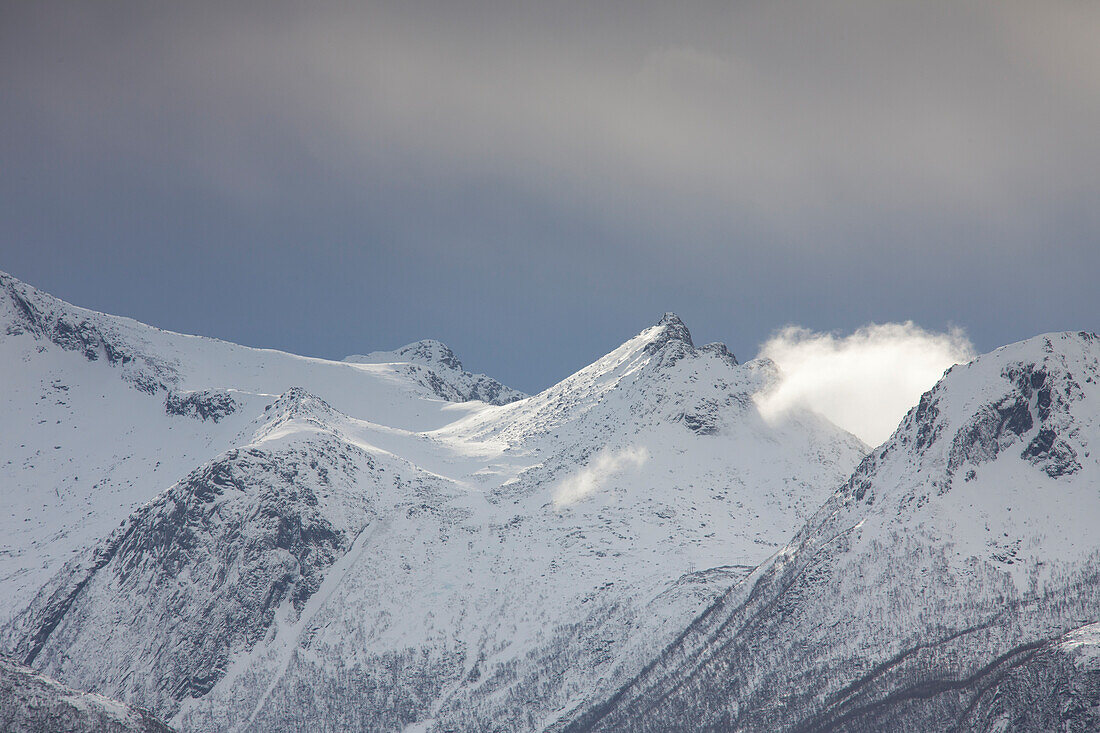  Mountain landscape in winter, Laukvik, Lofoten, Norway 