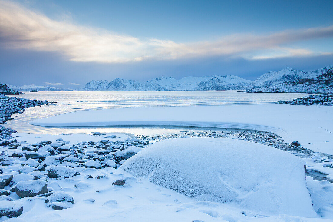  Rorvika, evening mood on the snowy beach, winter, Austvagoy, Lofoten, Norway 