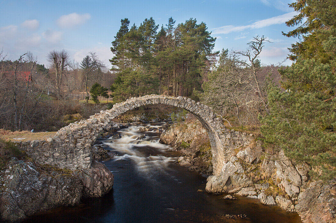  The Old Packhorse Bridge over the River Dulnain in Carrbridge, Cairngorms National Park, Scotland, Great Britain 