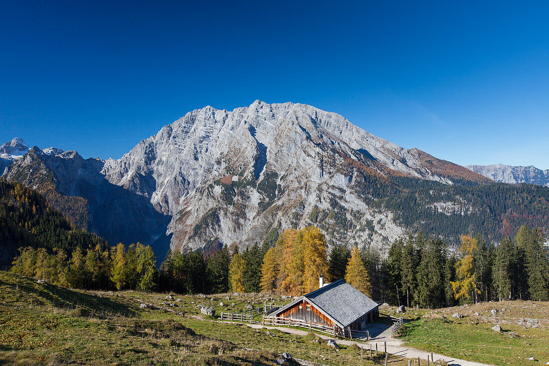  Hut on the Priesbergalm with Watzmann, Berchtesgaden National Park, Bavaria, Germany 