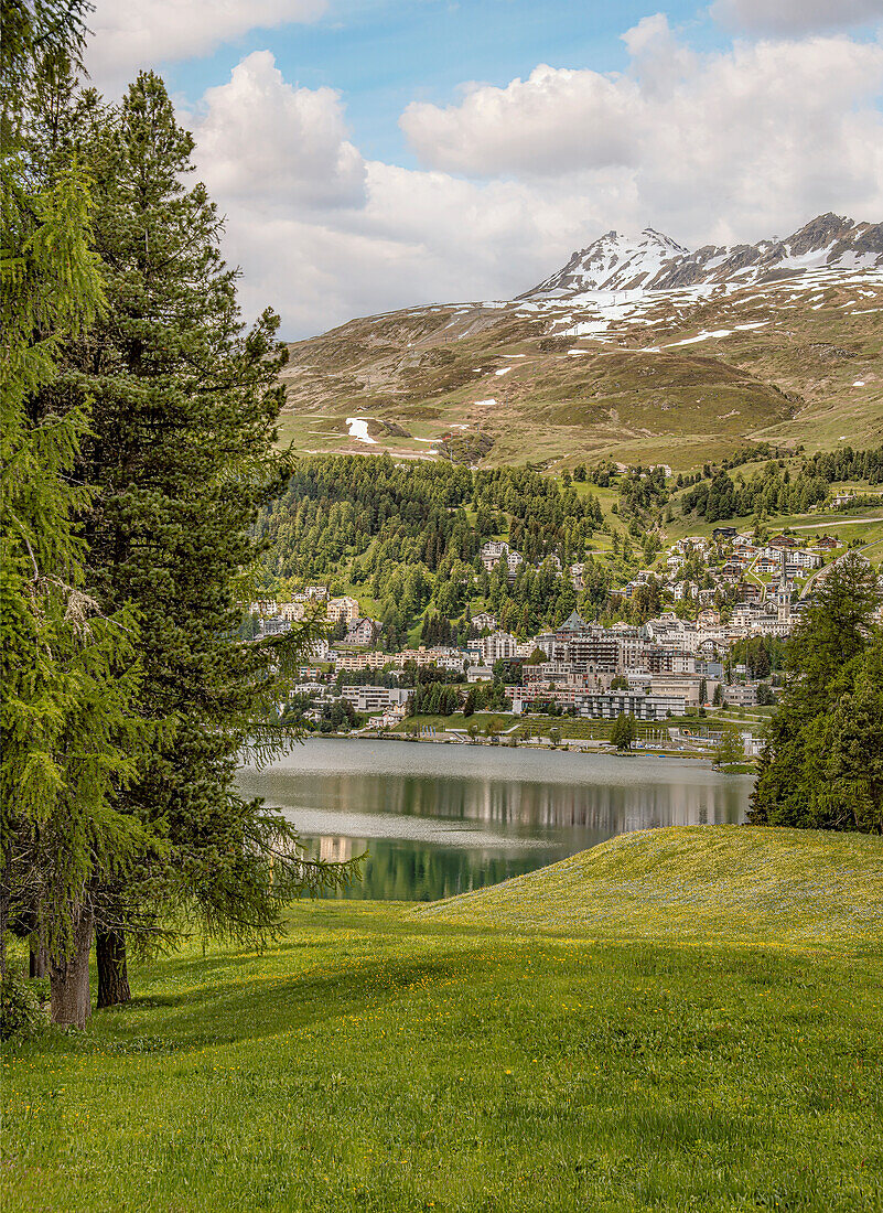  View of St. Moritz in summer, Engadin, Graubünden, Switzerland 