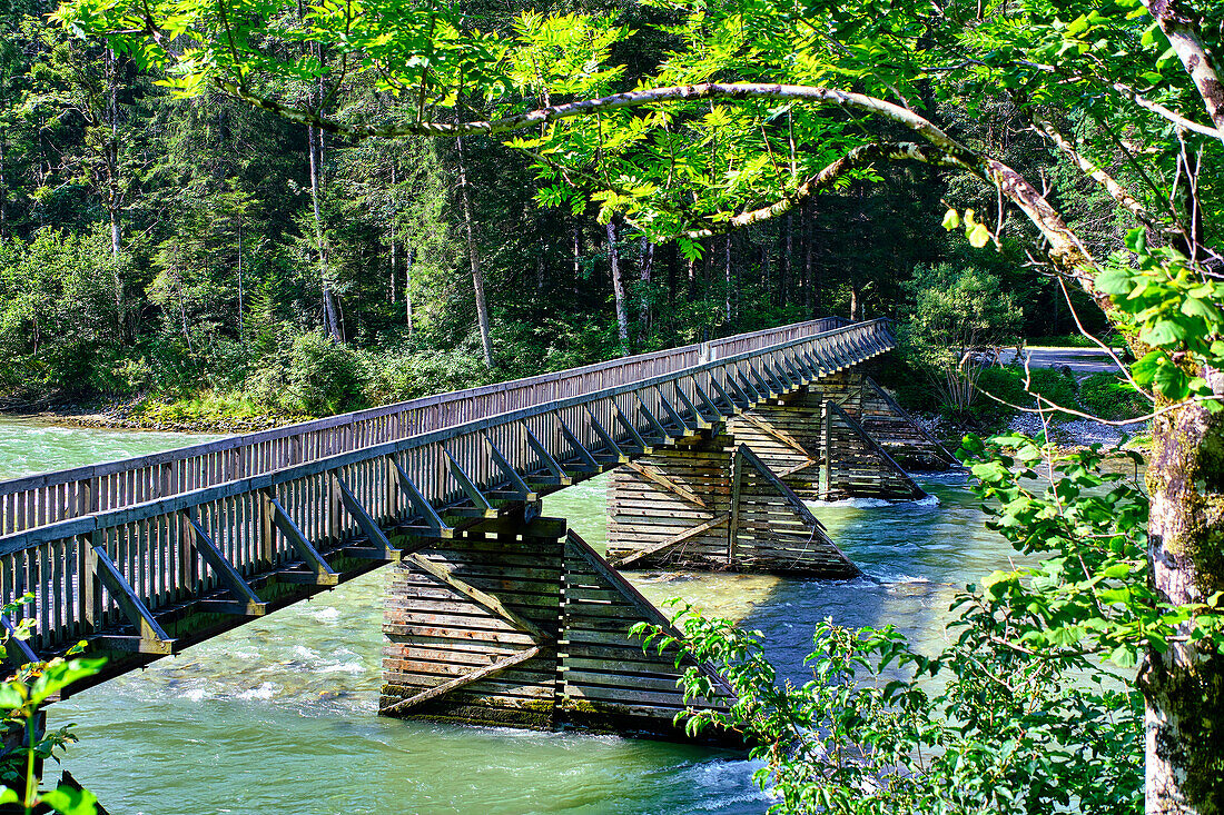  Gesäuse National Park, Styria-Austria. Wooden footbridge over the river Enns. 