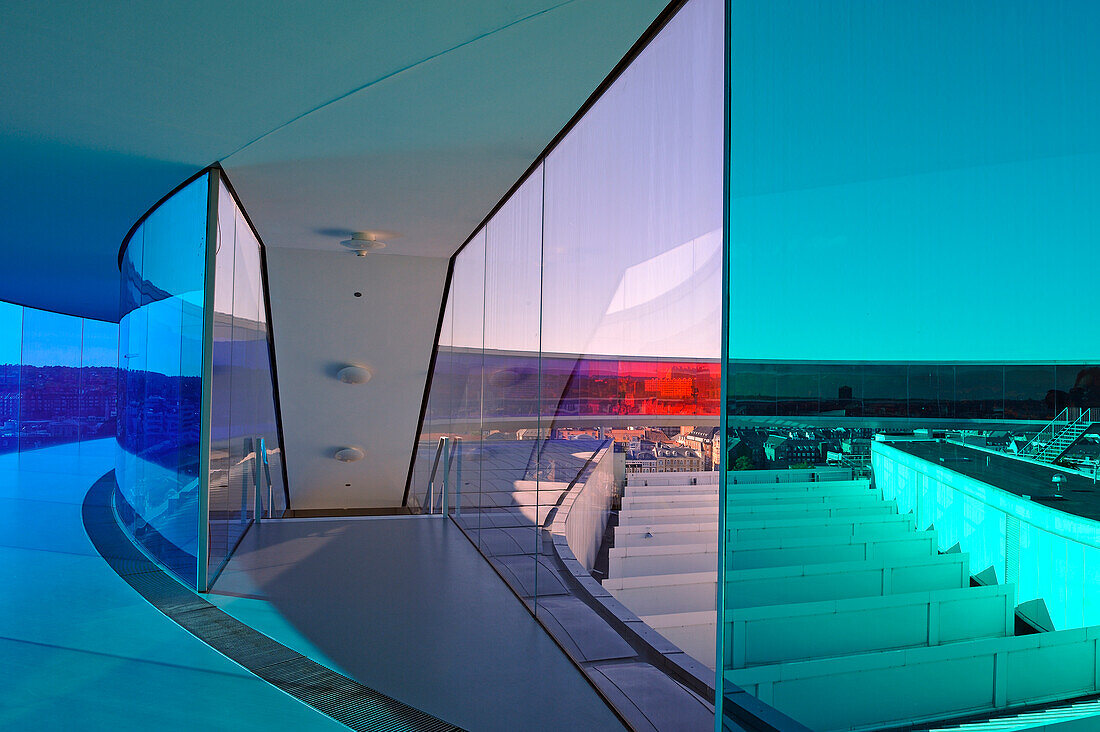 the installation "Your rainbow panorama", a circular skywalk with windows in the colors of the rainbow (by Olafur Eliasson, a Danish-Icelandic artist) on the top of ARoS Aarhus Kunstmuseum (designed by Danish architects Schmidt Hammer Lassen), Aarhus, Jutland Peninsula, Denmark, Northern Europe