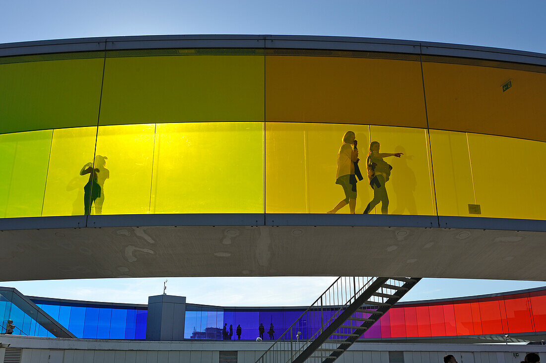 the installation "Your rainbow panorama", a circular skywalk with windows in the colors of the rainbow (by Olafur Eliasson, a Danish-Icelandic artist) on the top of ARoS Aarhus Kunstmuseum (designed by Danish architects Schmidt Hammer Lassen), Aarhus, Jutland Peninsula, Denmark, Northern Europe