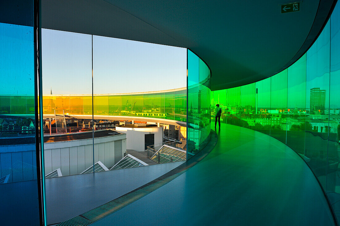 the installation "Your rainbow panorama", a circular skywalk with windows in the colors of the rainbow (by Olafur Eliasson, a Danish-Icelandic artist) on the top of ARoS Aarhus Kunstmuseum (designed by Danish architects Schmidt Hammer Lassen), Aarhus, Jutland Peninsula, Denmark, Northern Europe