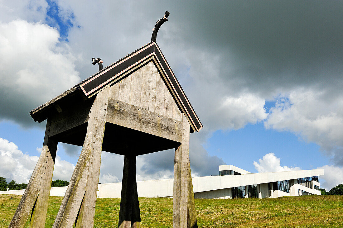 stave-church from Viking Period rebuilt beside the Moesgaard Museum (MOMU) (Henning Larsen Architects), museum dedicated to archaeology and ethnography, located in Hojbjerg, a suburb of Aarhus, Jutland Peninsula, Denmark, Northern Europe