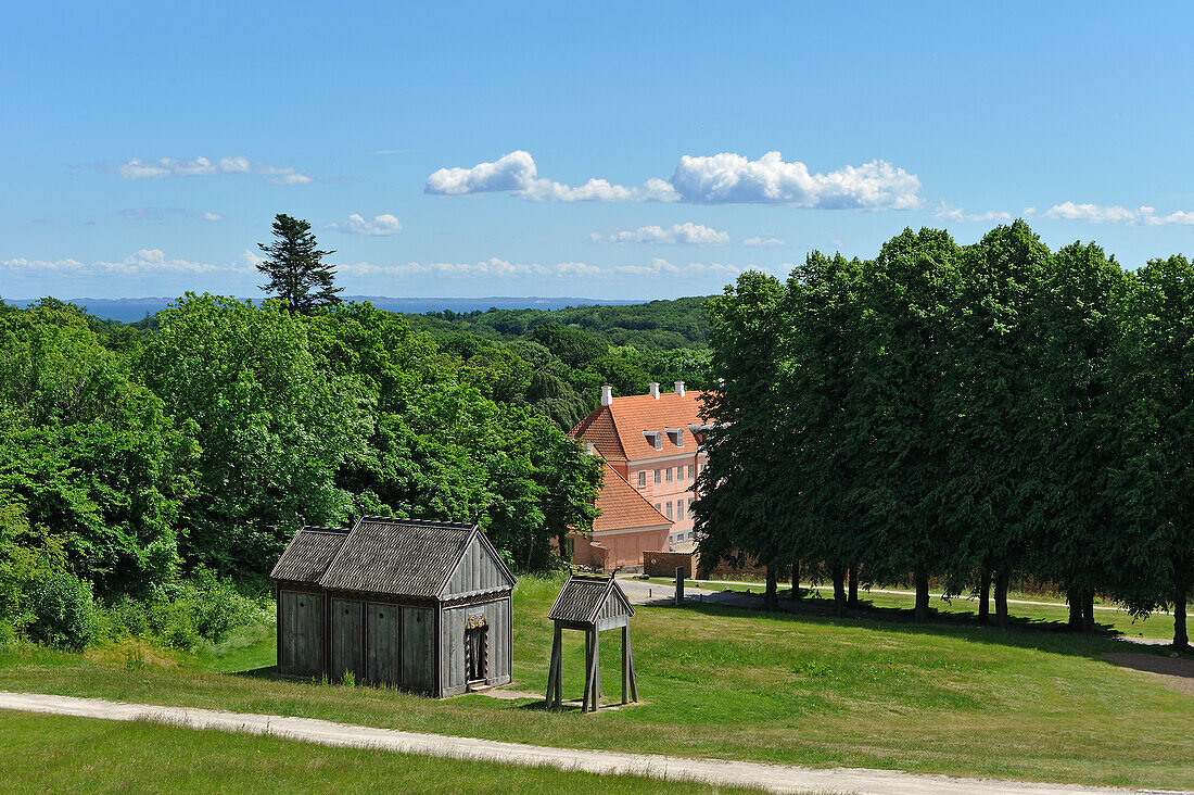 stave-church from the Viking Period and the Moesgaard Manor, historical building housing the museum administration and Aarhus University offices and student facilities, located at Hojbjerg in the suburb of Aarhus, Jutland Peninsula, Denmark, Northern Europe