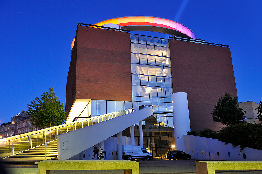 ARoS Aarhus Kunstmuseum (designed by Danish architects Schmidt Hammer Lassen) topped with the installation "Your rainbow panorama" a circular skywalk with windows in the colors of the rainbow (by Olafur Eliasson, a Danish-Icelandic artist), Aarhus, Jutland Peninsula, Denmark, Northern Europe