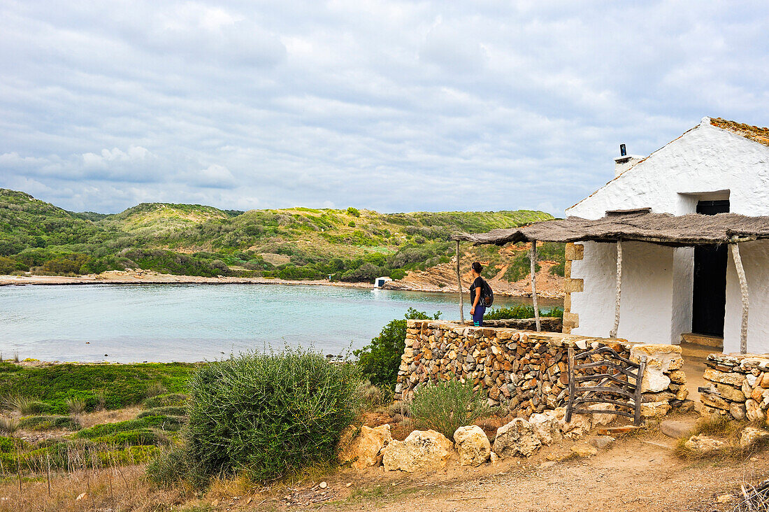 shelter house on the edge of the Cami de Cavalls (hiking trail GR 223) beside the Cala Rambles, s'Albufera des Grau Natural Park, Menorca, Balearic Islands, Spain, Europe