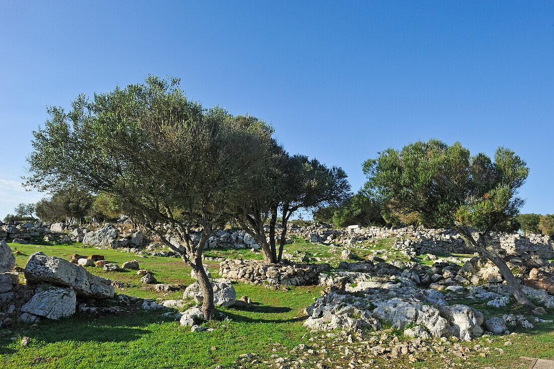 Südlicher Teil der Ausgrabungsstätte Torre d'en Galmes, Talayotische Stätte, bei Alaior, Insel Menorca, Balearen, Spanien, Europa