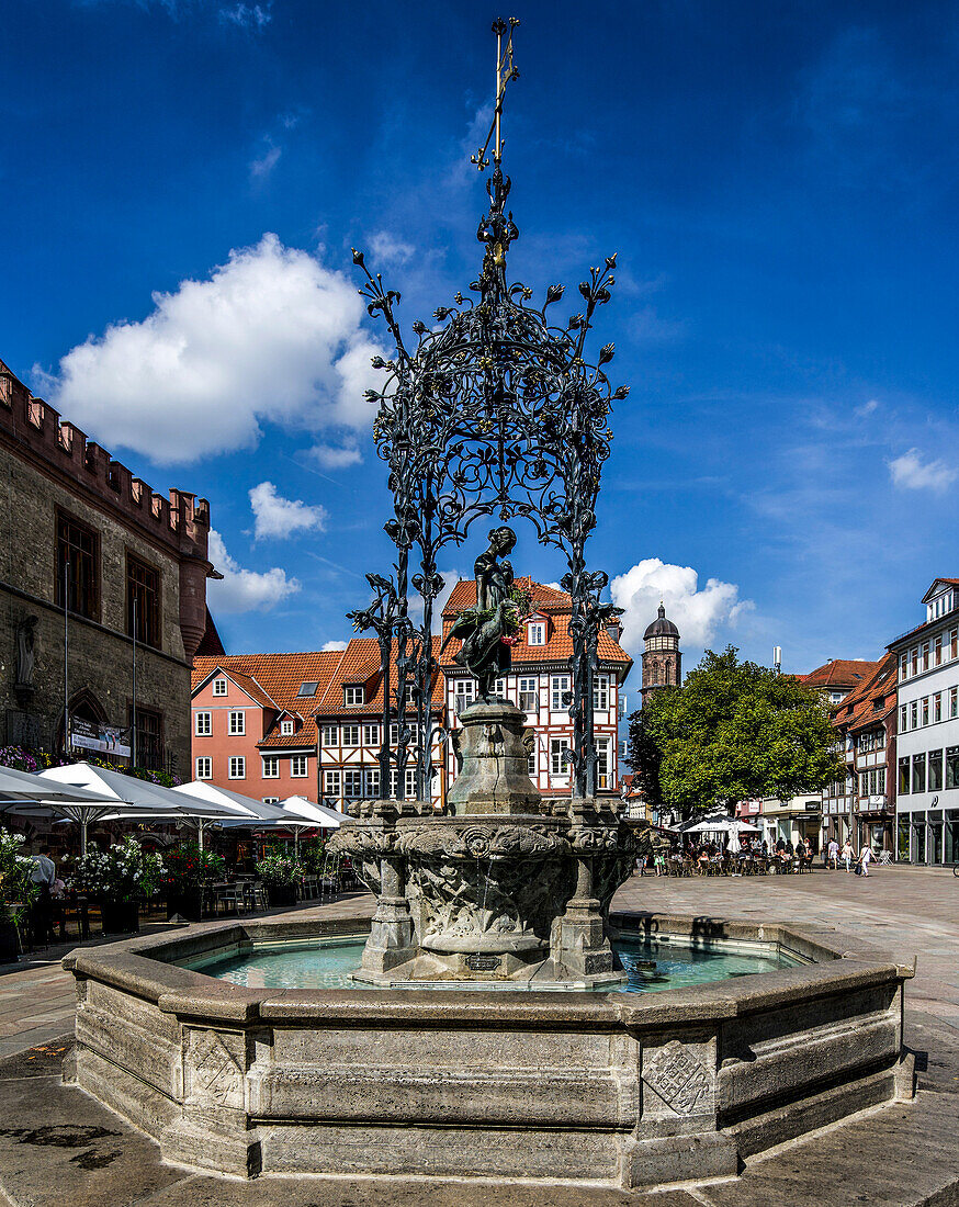  Gänseliesel fountain on the market square of Göttingen, German Fairy Tale Route, Lower Saxony, Germany 