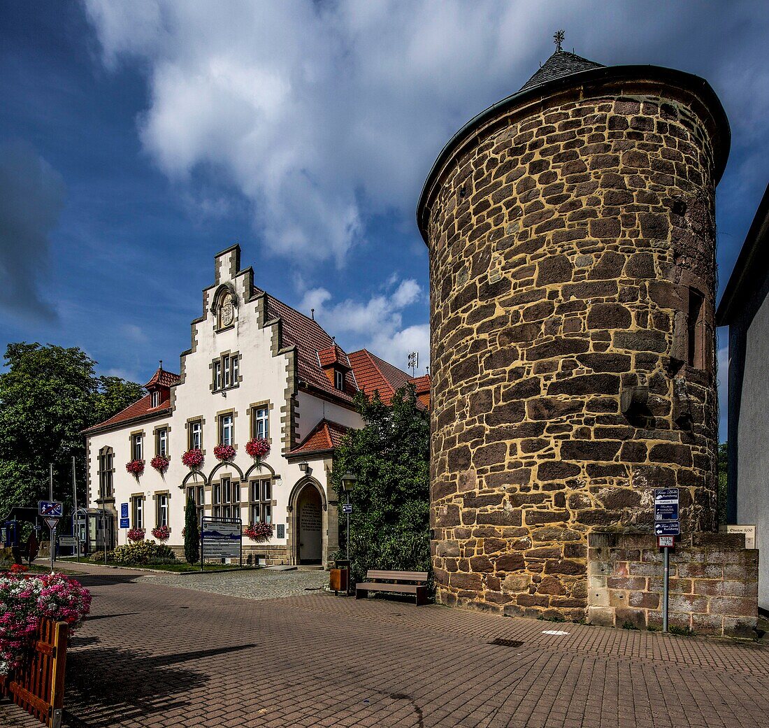  Frau-Holle circular trail in Hessisch Lichtenau, round tower and town hall, Hesse, Germany 