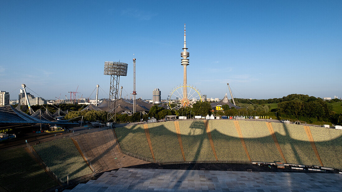  View of the Olympic Tower and the stadium from the roof of the Olympic Stadium, Munich, Upper Bavaria, Bavaria, Germany, Europe\n 