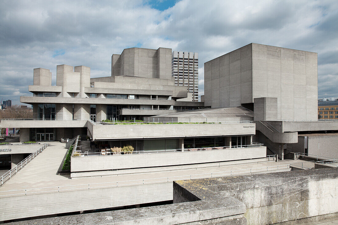 The National Theatre in London, a modern architectural marvel along the South Bank of the River Thames.